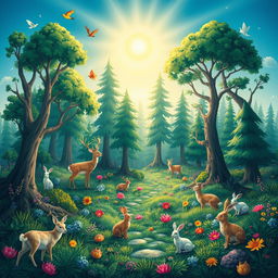 Create a vibrant and imaginative scene featuring a lush forest with various animals such as deer, rabbits, and birds