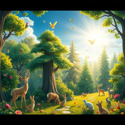 Create a vibrant and imaginative scene featuring a lush forest with various animals such as deer, rabbits, and birds