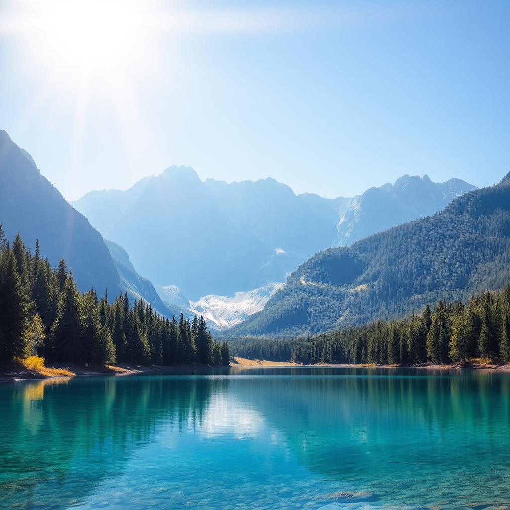 Create an image of a serene landscape featuring a clear blue lake surrounded by lush green trees and mountains in the background under a bright, sunny sky