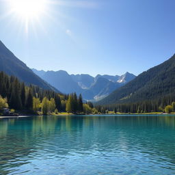 Create an image of a serene landscape featuring a clear blue lake surrounded by lush green trees and mountains in the background under a bright, sunny sky