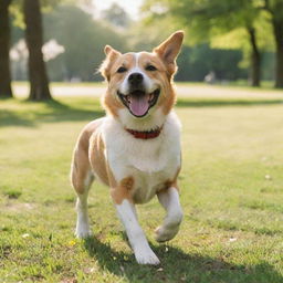 A healthy, joyful dog playing in a green park under the bright sun