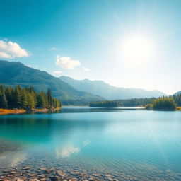 Create an image of a serene landscape featuring a clear blue lake surrounded by lush green trees and mountains in the background under a bright, sunny sky