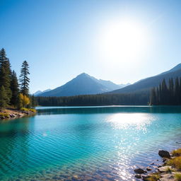 Create an image of a serene landscape featuring a clear blue lake surrounded by lush green trees and mountains in the background under a bright, sunny sky