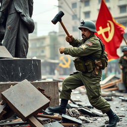 A soldier from the Chilean army is shown destroying a communist statue