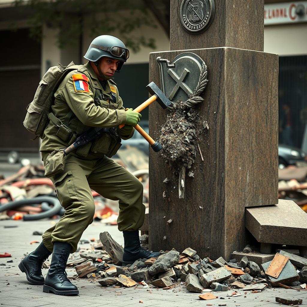 A soldier from the Chilean army is shown destroying a communist statue