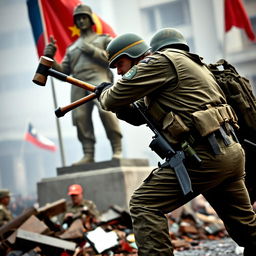 A soldier from the Chilean army is shown destroying a communist statue