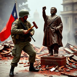 A soldier from the Chilean army is shown destroying a communist statue