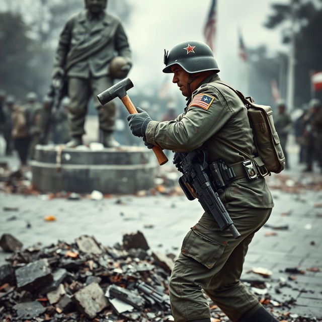 A soldier from the Chilean army is shown destroying a communist statue