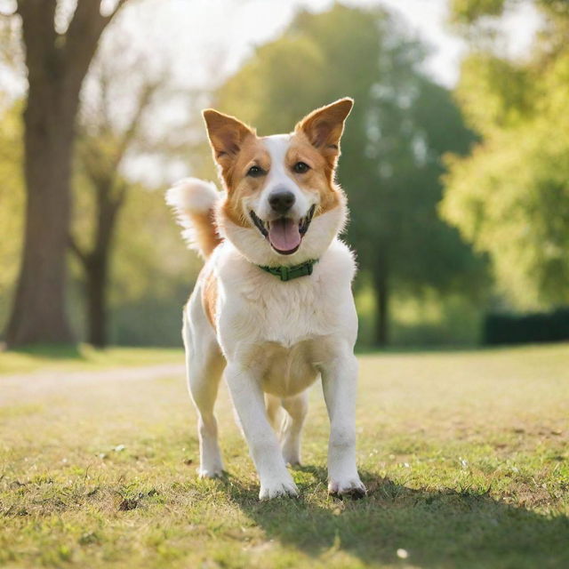 A healthy, joyful dog playing in a green park under the bright sun