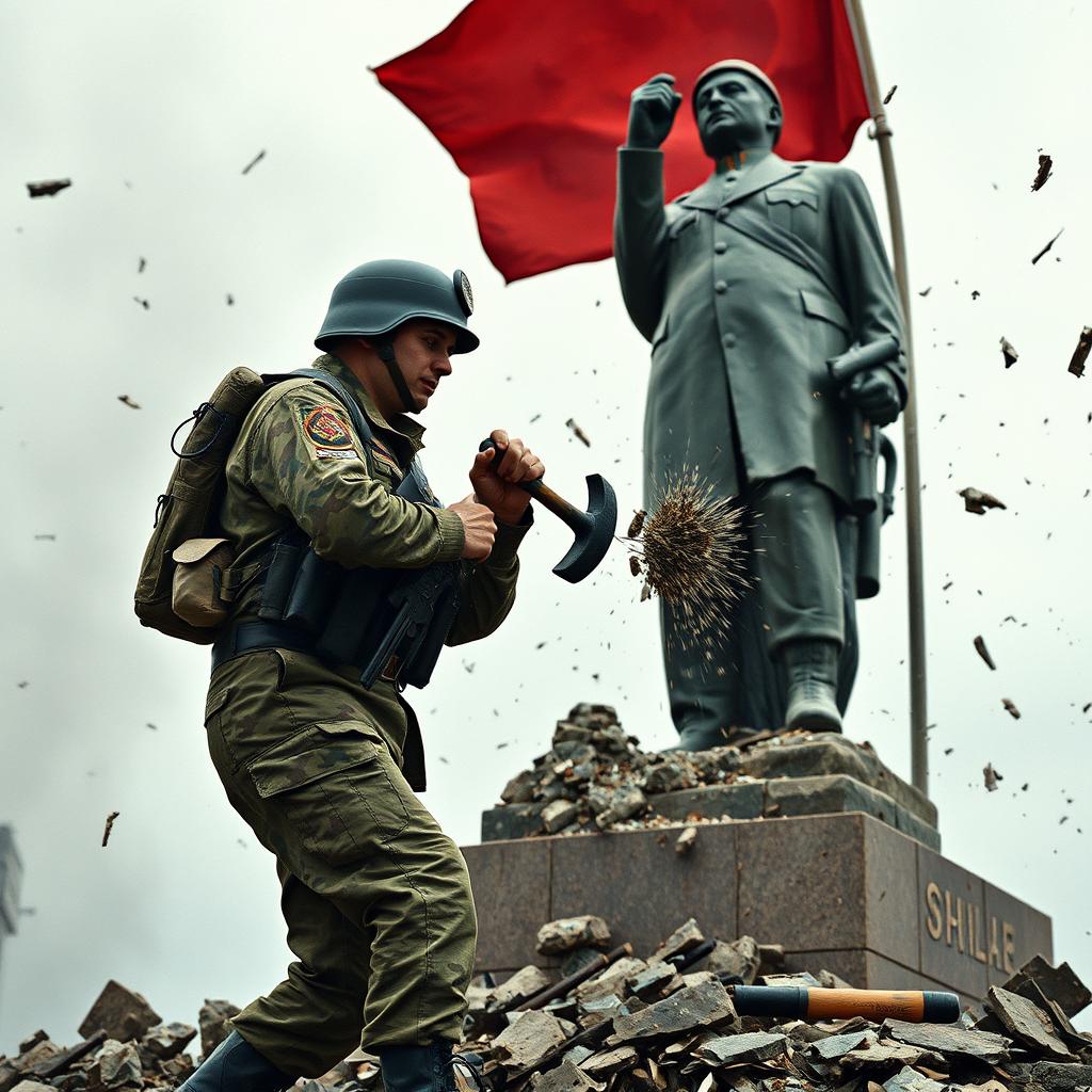 A soldier from the Chilean army is shown destroying a communist statue of the Soviet Union