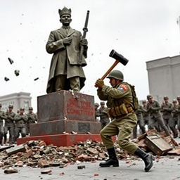 A soldier from the Chilean army is shown destroying a communist statue of the Soviet Union