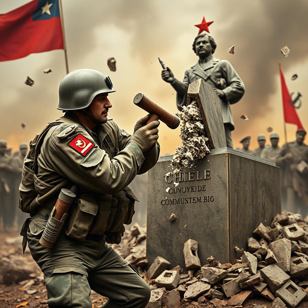 A soldier from the Chilean army is shown destroying a communist statue of the Soviet Union