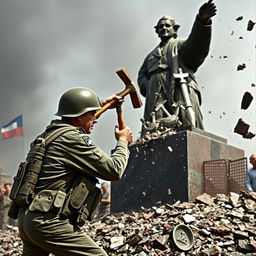 A soldier from the Chilean army is shown destroying a communist statue of the Soviet Union