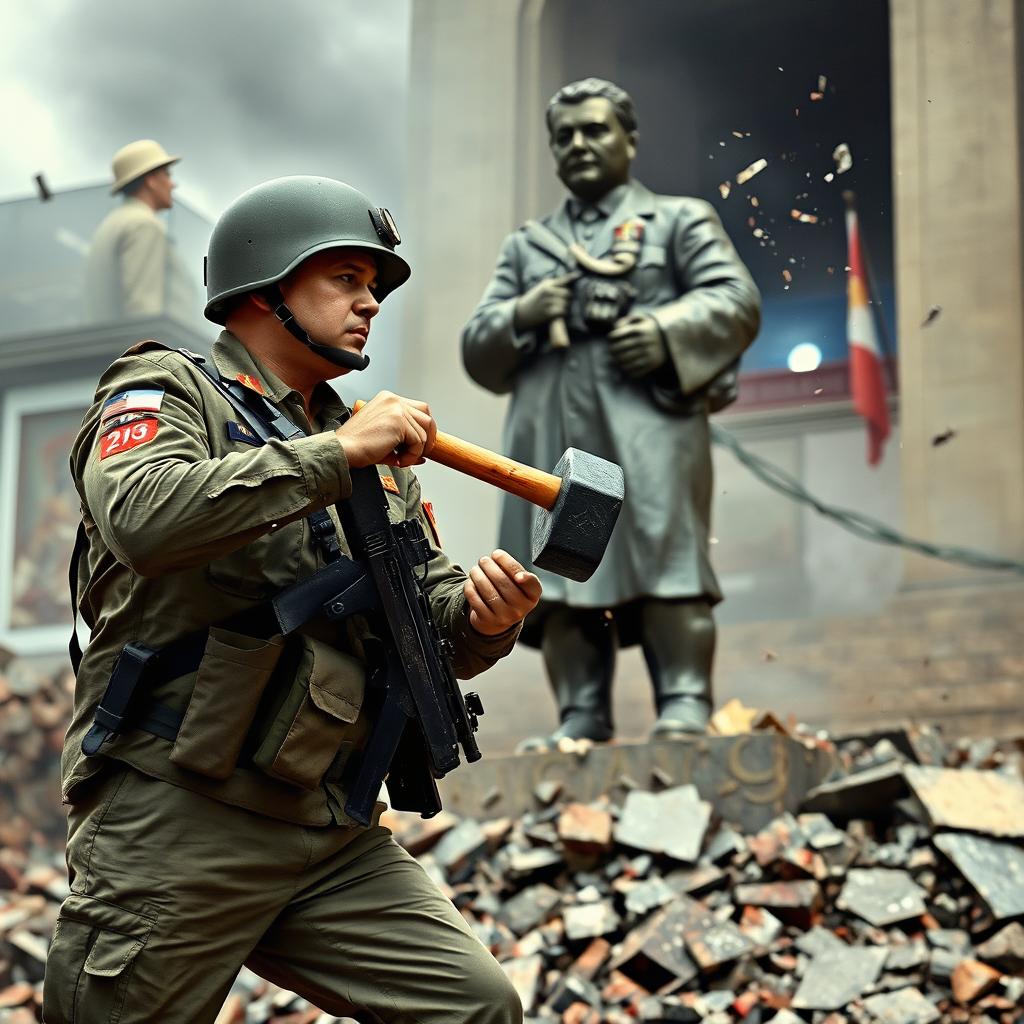 A military officer from the Chilean army is shown destroying a communist statue of the Soviet Union