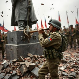 A military officer from the Chilean army is shown destroying a communist statue of the Soviet Union