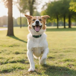 A healthy, joyful dog playing in a green park under the bright sun