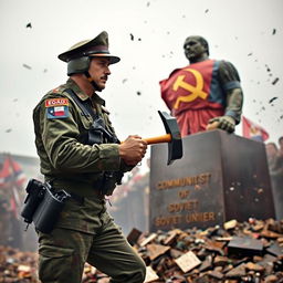 A military officer from the Chilean army is shown destroying a communist statue of the Soviet Union