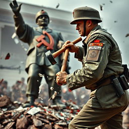 A military officer from the Chilean army is shown destroying a communist statue of the Soviet Union