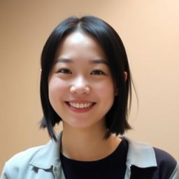 A short Korean woman with a friendly and cheerful expression, wearing casual modern clothing