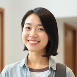 A short Korean woman with a friendly and cheerful expression, wearing casual modern clothing