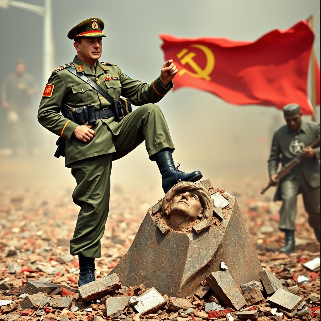 A military officer from the Chilean army is shown destroying a communist statue of the Soviet Union by crushing it with his foot