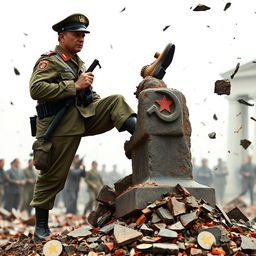 A military officer from the Chilean army is shown destroying a communist statue of the Soviet Union by crushing it with his foot