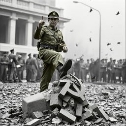 A military officer from the Chilean army is shown destroying a communist statue of the Soviet Union by crushing it with his foot