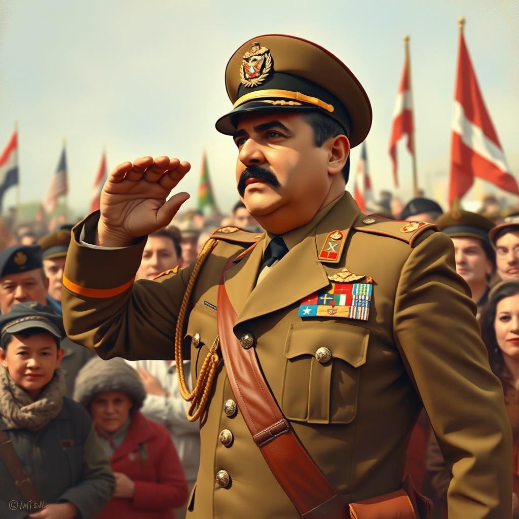 A historical depiction of General Augusto Pinochet, dressed in his military uniform, saluting to a crowd of people