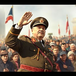 A historical depiction of General Augusto Pinochet, dressed in his military uniform, saluting to a crowd of people