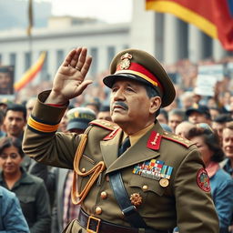 A historical depiction of General Augusto Pinochet, dressed in his military uniform, saluting to a crowd of people