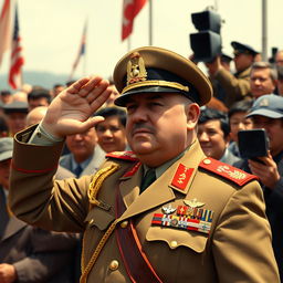 A historical depiction of General Augusto Pinochet, dressed in his military uniform, saluting to a crowd of people