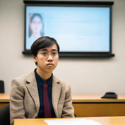 A student experiencing fear and anxiety during their thesis defense presentation