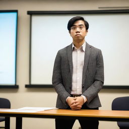 A student experiencing fear and anxiety during their thesis defense presentation