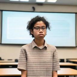 A student experiencing fear and anxiety during their thesis defense presentation