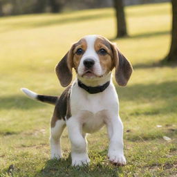 A playful and energetic beagle puppy playing in a sunny park