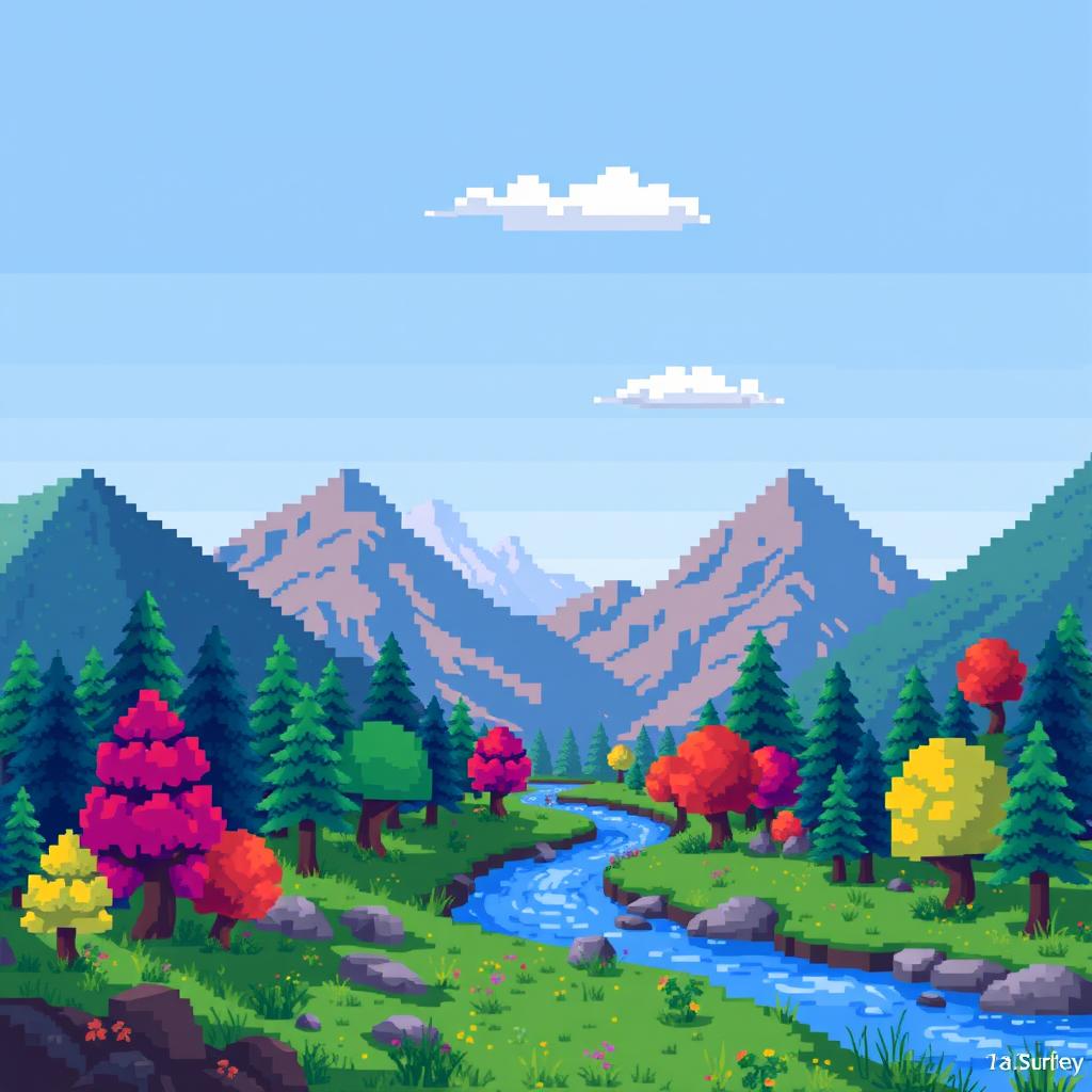 A pixel art landscape from a video game, featuring vibrant colors, blocky trees, a river flowing through the scene, and mountains in the background