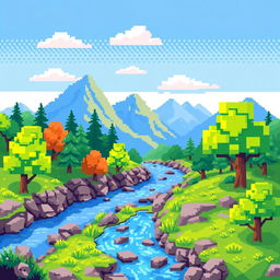 A pixel art landscape from a video game, featuring vibrant colors, blocky trees, a river flowing through the scene, and mountains in the background