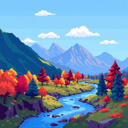 A pixel art landscape from a video game, featuring vibrant colors, blocky trees, a river flowing through the scene, and mountains in the background