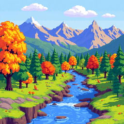 A pixel art landscape from a video game, featuring vibrant colors, blocky trees, a river flowing through the scene, and mountains in the background