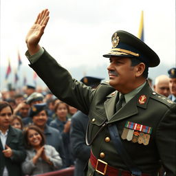 A realistic depiction of General Augusto Pinochet, dressed in his military uniform, saluting to a crowd of people