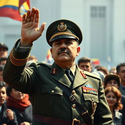 A realistic depiction of General Augusto Pinochet, dressed in his military uniform, saluting to a crowd of people