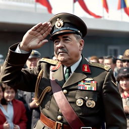 A realistic depiction of General Augusto Pinochet, dressed in his military uniform, saluting to a crowd of people