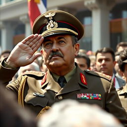 A realistic depiction of General Augusto Pinochet, dressed in his military uniform, saluting to a crowd of people