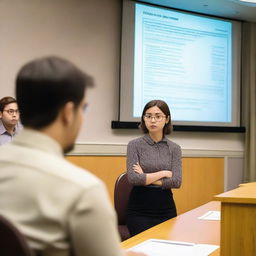 A student feeling stressed during their thesis defense presentation