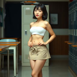 A short Korean woman wearing only a skirt, standing in a school environment