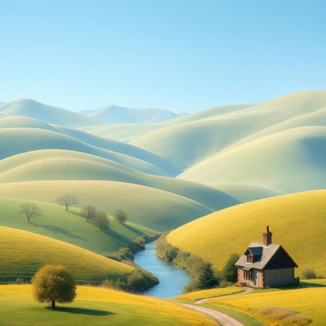 Create an image of a peaceful countryside landscape with rolling hills, a clear blue sky, and a small river flowing through the middle