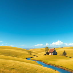 Create an image of a peaceful countryside landscape with rolling hills, a clear blue sky, and a small river flowing through the middle