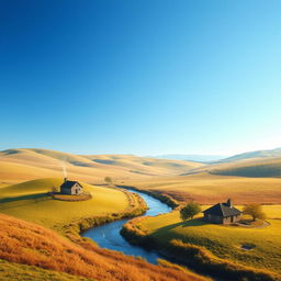 Create an image of a peaceful countryside landscape with rolling hills, a clear blue sky, and a small river flowing through the middle