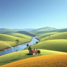 Create an image of a peaceful countryside landscape with rolling hills, a clear blue sky, and a small river flowing through the middle