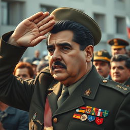 A highly realistic depiction of General Augusto Pinochet, dressed in his military uniform, saluting to a crowd of people